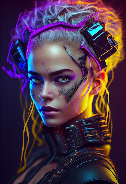 Photo cyberpunk woman portrait futuristic neon style Generate Ai