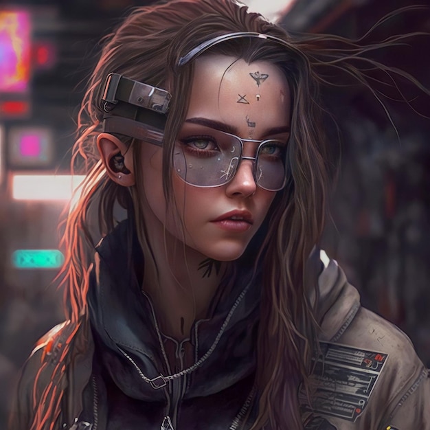 Photo of a cyberpunk woman portrait a young girl