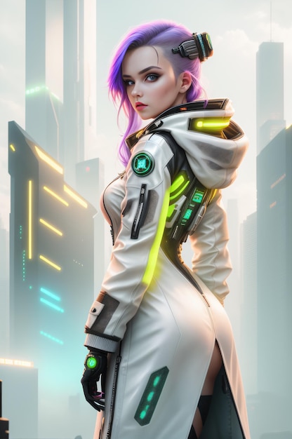 Photo of a cyberpunk woman showing backfuturistic clothes