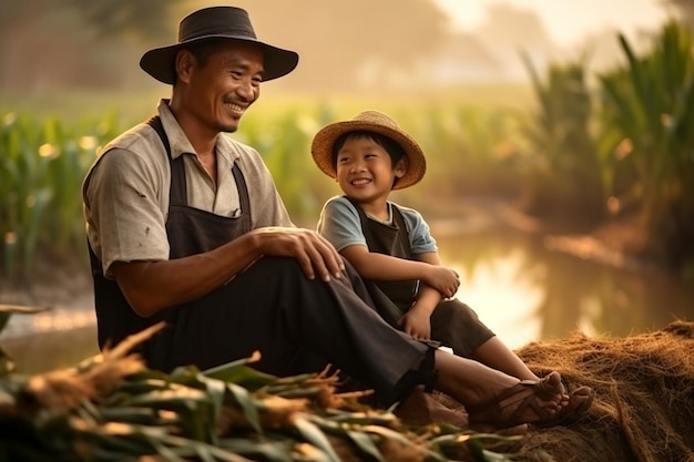 Photo dad and son this is lifestyle of family farmer at rural asia