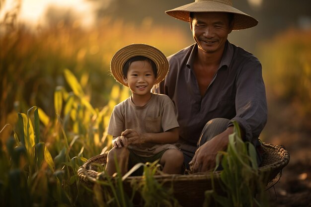 Photo dad and son this is lifestyle of family farmer at rural asia