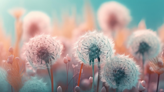 A photo of dandelions blowing in the wind.