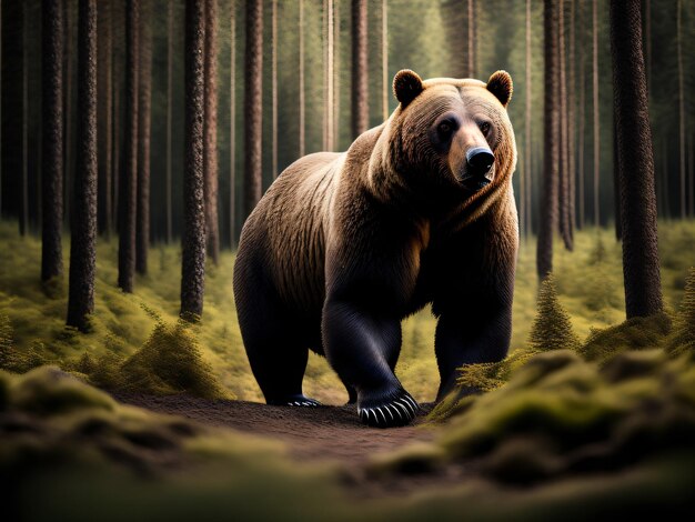 Photo a dangerous Grizzly brown bear animal in a forest captured with a DSLR camera