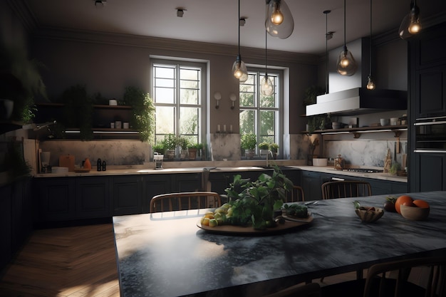 Photo a dark interior kitchen