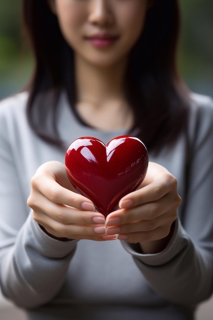 Photo of dark red Heart in woman hand focus of heart for mother love Valentines day concept generative ai