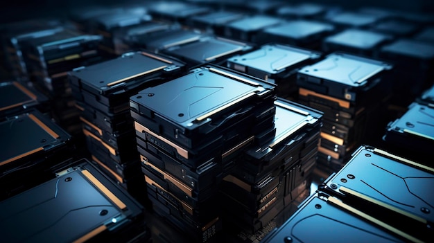 A Photo of a data storage system with neatly organized hard drives or solid state drives SSDs