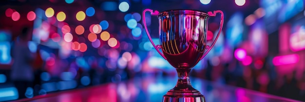 A photo of a dazzling esports award cup emitting light as it sits on top of a table The trophy appears reflective and polished creating a striking visual contrast against the table surface