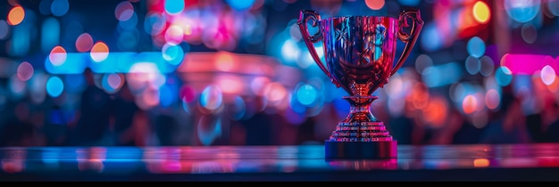 A photo of a dazzling esports award cup emitting light as it sits on top of a table The trophy appears reflective and polished creating a striking visual contrast against the table surface