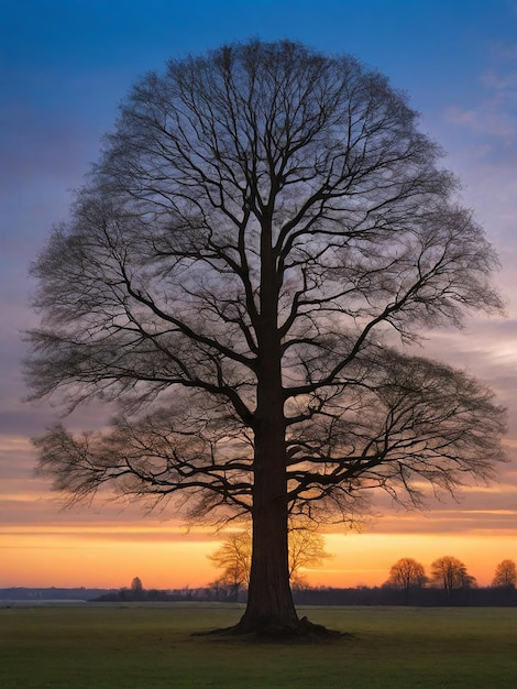 A photo of dead tree without leaves at dusk AI Generated