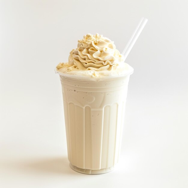 Photo of a decadent vanilla milkshake with cake pieces cookie crumbles and chocolate