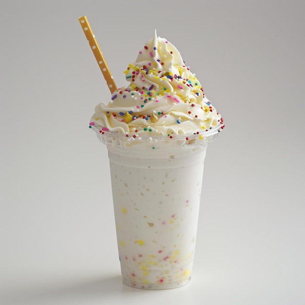 Photo of a decadent vanilla milkshake with cake pieces cookie crumbles and chocolate