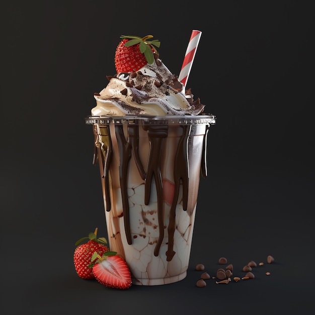 Photo of a decadent vanilla milkshake with cake pieces cookie crumbles and chocolate