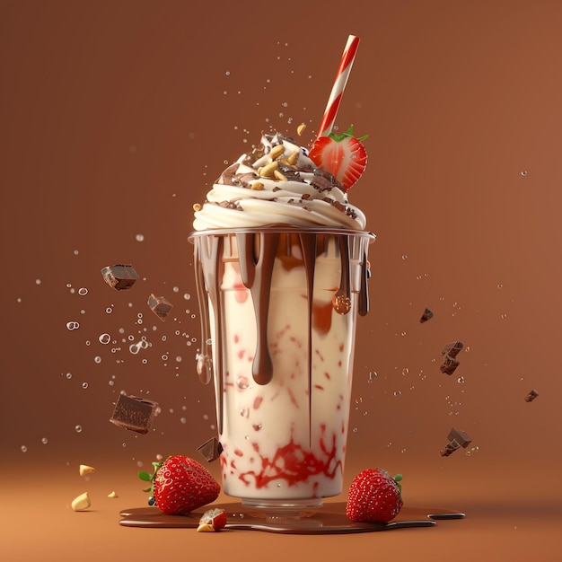 Photo of a decadent vanilla milkshake with cake pieces cookie crumbles and chocolate