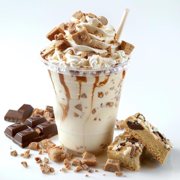 Photo of a decadent vanilla milkshake with cake pieces cookie crumbles and chocolate