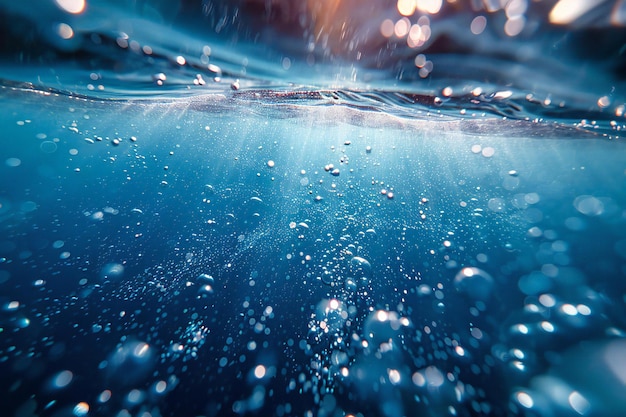 A photo of deep blue ocean water bubbles and ripples in the foreground creating an underwater scen