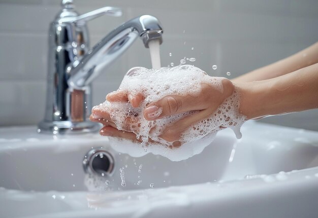 Photo of deep cleaning washing the hands with water and soap wrist bubbles in the bathroom sink