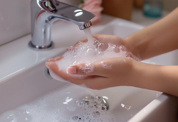 Photo of deep cleaning washing the hands with water and soap wrist bubbles in the bathroom sink