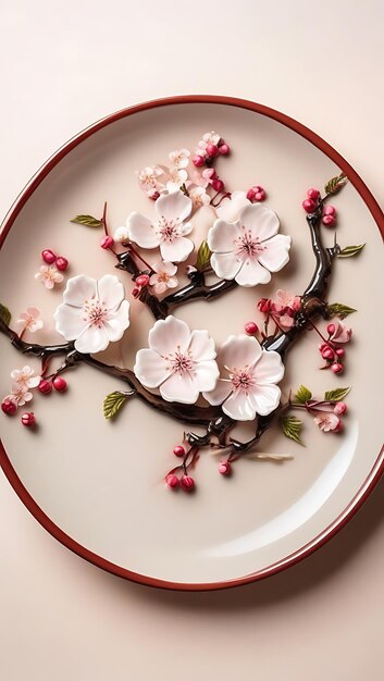 Photo of a delicate cherry blossom plate on a pale beige background