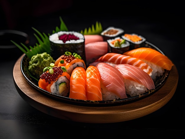 A photo of a delicious and colorful plate of sushi or sashimi Generative AI