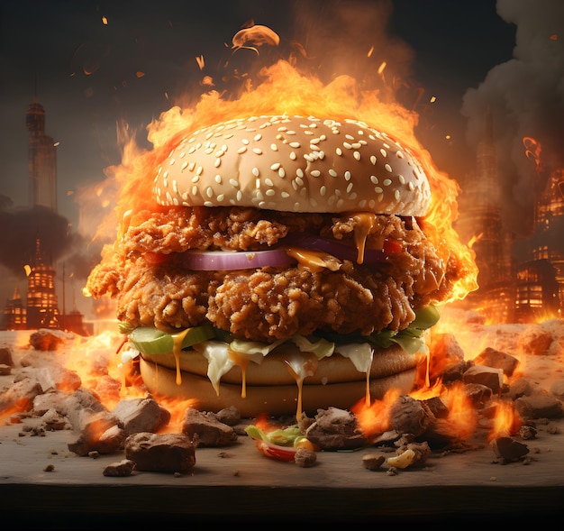 Photo delicious hamburger burger with flame on a dark background generative ai