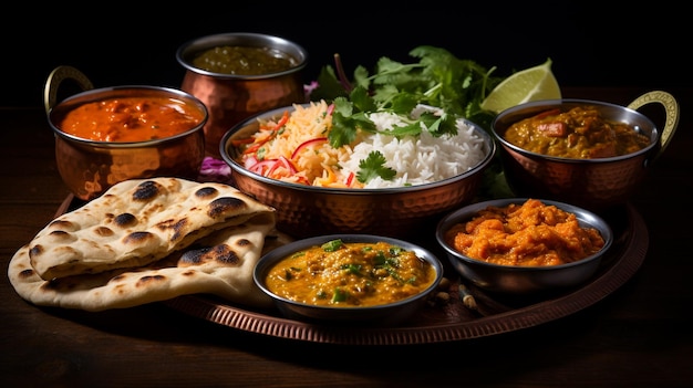 photo delicious indian food on tray generated by AI