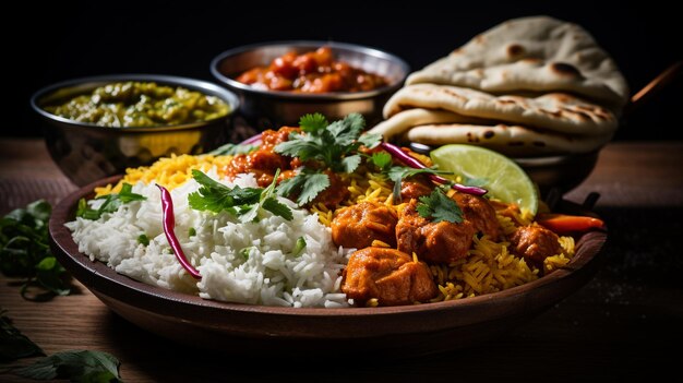 photo delicious indian food on tray generated by AI