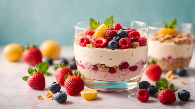 photo delicious parfait on pastel background