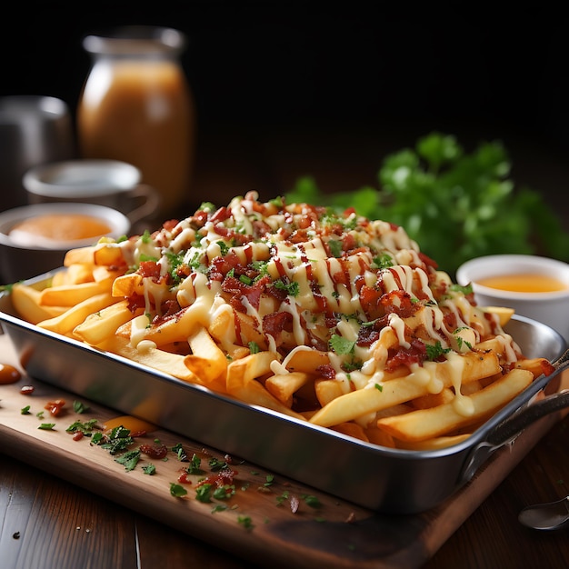 photo of Delicious and sumptuous fries with bacon bits with melting cheese ketchup and mayonaise