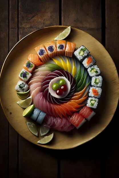 Photo of delicious sushi on a rustic wooden table