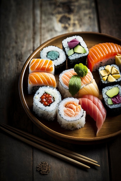 Photo of delicious sushi on a rustic wooden table