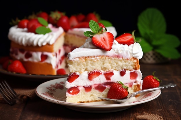 photo delicious and sweet cake with strawberries and baiser on a plate