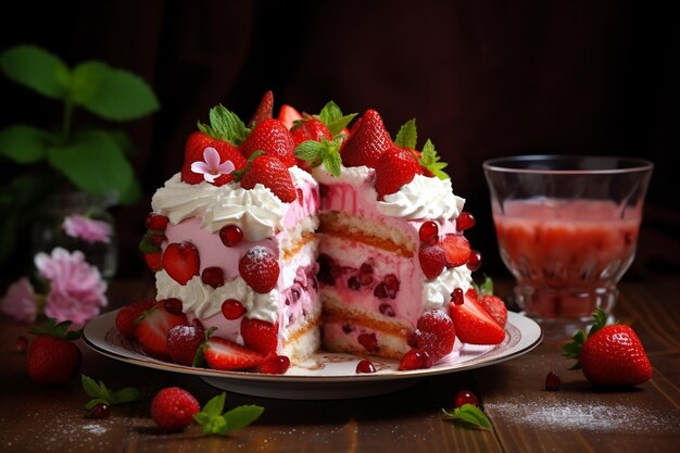 photo delicious and sweet cake with strawberries and baiser on a plate