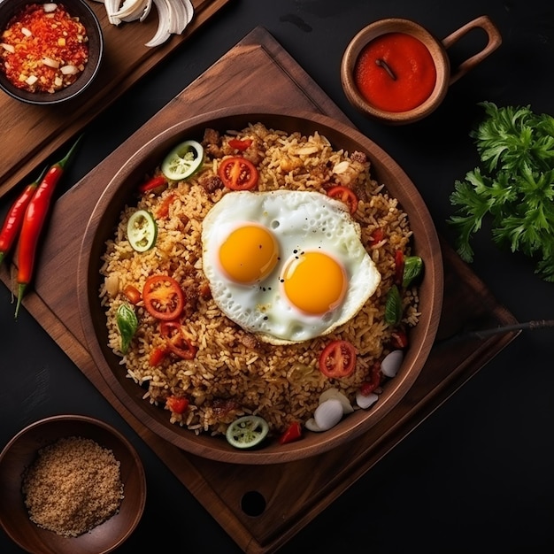 Photo of delicious and tasty nasi goreng plate top view