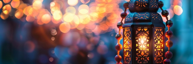 Photo photo depicting a lantern decorated with prayer beads celebrating the cultural significance