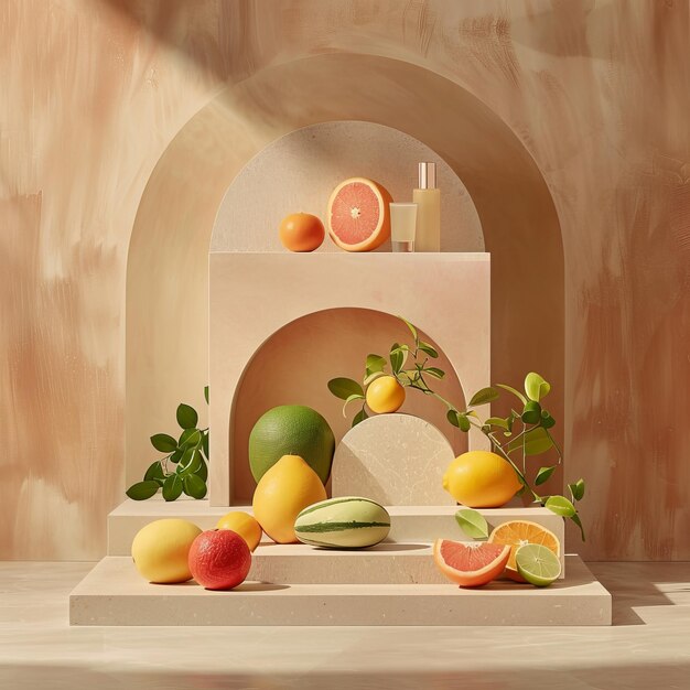 Photo photo depicting a podium with a variety of fresh fruits including citrus on a stage with a pastel