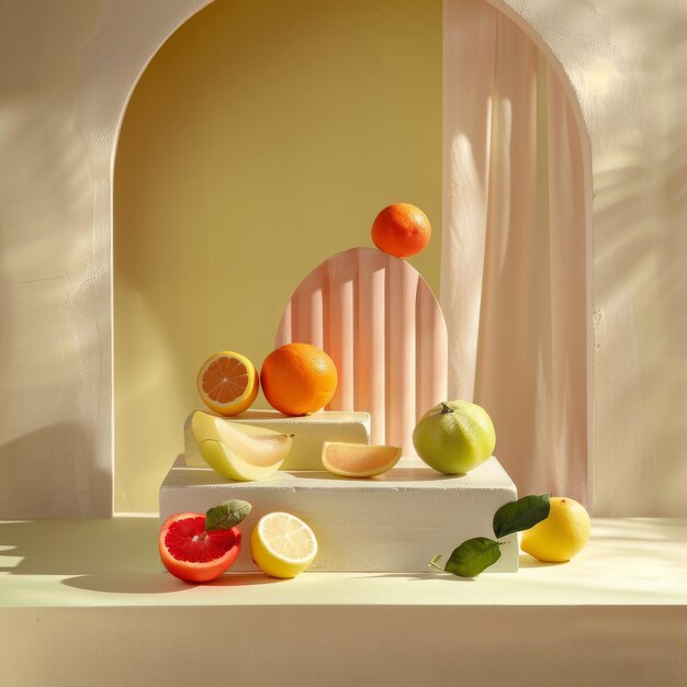 Photo photo depicting a podium with a variety of fresh fruits including citrus on a stage with a pastel