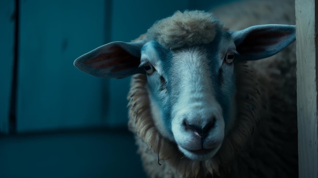 Photo depicting a sheep face portraiture on a grass field macro view closeup