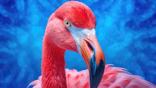 The photo depicts a closeup of a realistic emotive flamingo Generative AI