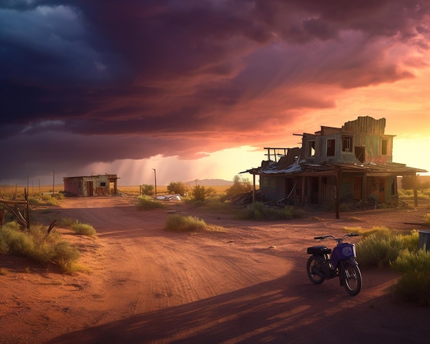 A photo of a deserted town with a bike parked in front of a stormy sky