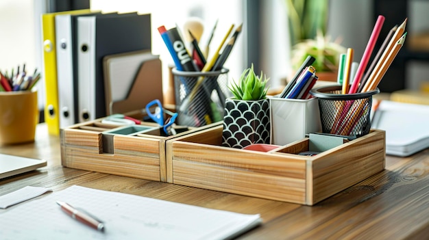 A photo of a desk organizer with compartments