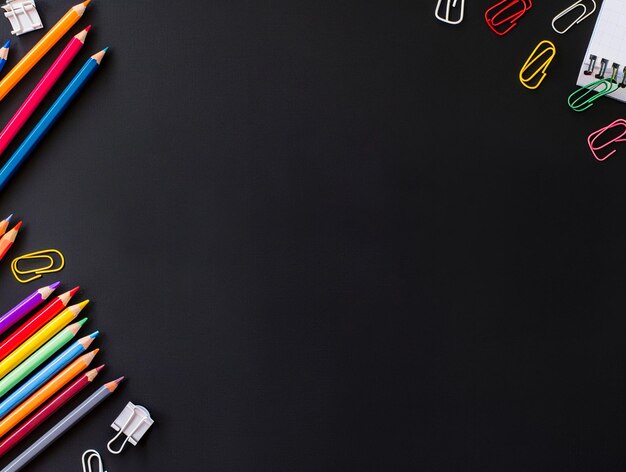 Photo photo of a desk with stationery and school supplies on a black background