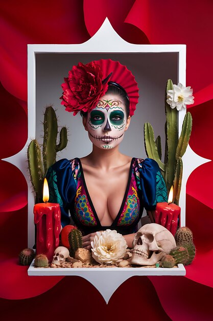 Photo photo dia de los muertos a woman adorned with vibrant makeup resembling a sugar skull