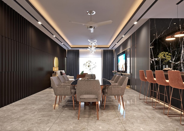 Photo a dining room with a chandelier hanging from the ceiling