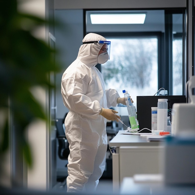 Photo photo of a disinfector in a white protective suit disinfecting an office space