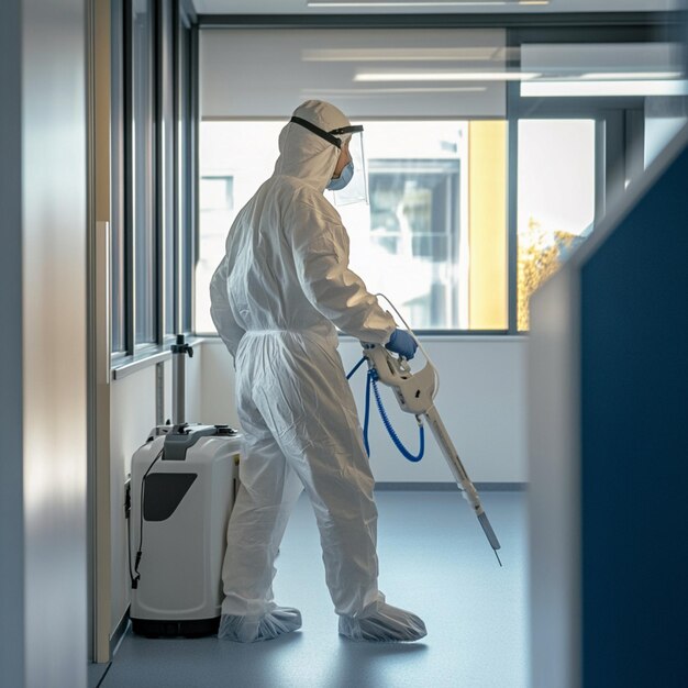 Photo photo of a disinfector in a white protective suit disinfecting an office space