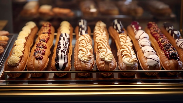 Photo a photo of a display of gourmet eclairs in a bakery