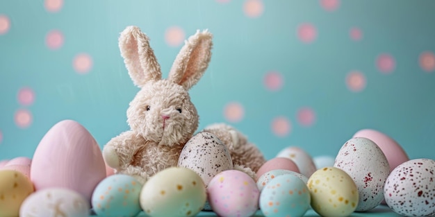 A photo displaying a stuffed rabbit with floppy ears sitting in front of a group of colorful painted eggs The rabbit is facing the camera creating a charming Easterthemed scene