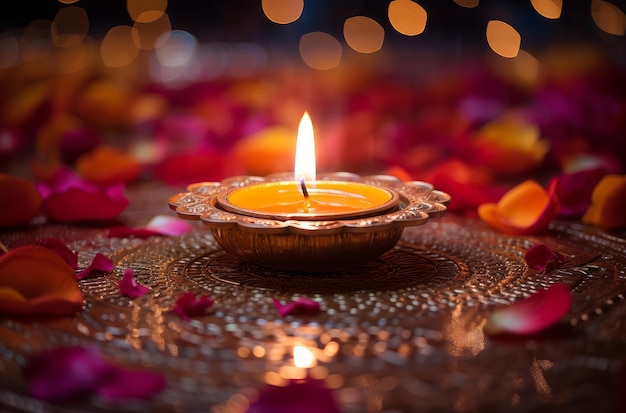 A photo of Diwali with a candle in the center placed on top of rose petals