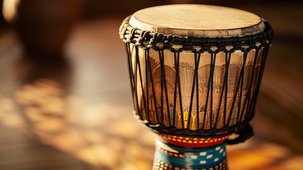 A photo of a djembe with a strap