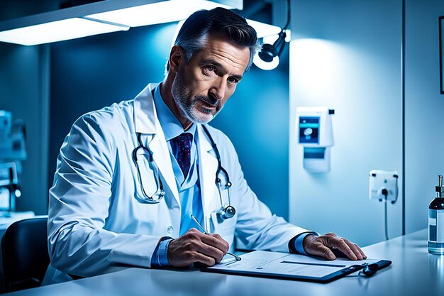 Photo the doctor with a stethoscope listens to the patient